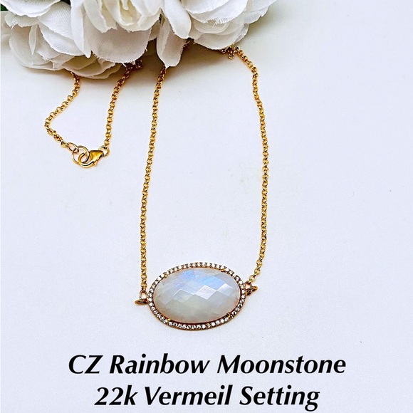 Gold Oval CZ Rainbow Moonstone Necklace w/2mm Rolo Chain, NWT, Gift Box Included - Picture 3 of 9
